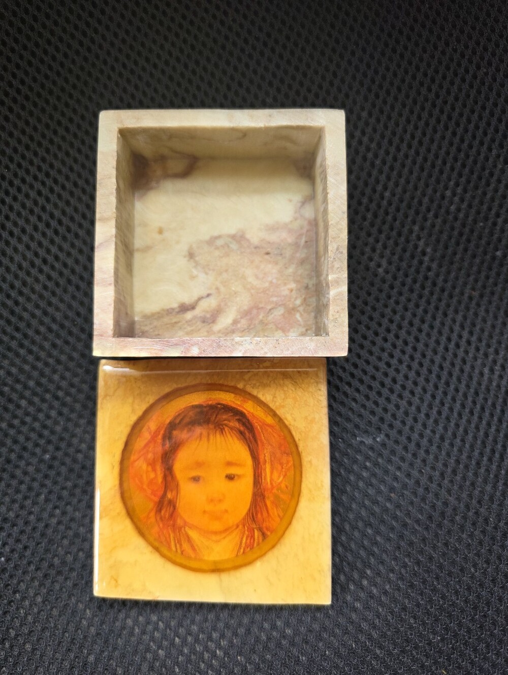 Vintage Edna Hibel Signed Square Marble Alabaster Trinket Box Child Portrait